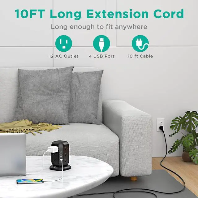 Alt view image 2 of 6 - Power Strip Tower with USB Ports-AiJoy Surge Protector with 12 AC Outlet and 4 USB Ports, 10 Ft Extension Cord with Multiple Outlets, Charging Station with Overload Protection, for Home Office Dorm