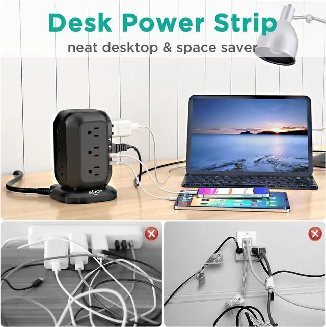 Alt view image 5 of 6 - Power Strip Tower with USB Ports-AiJoy Surge Protector with 12 AC Outlet and 4 USB Ports, 10 Ft Extension Cord with Multiple Outlets, Charging Station with Overload Protection, for Home Office Dorm