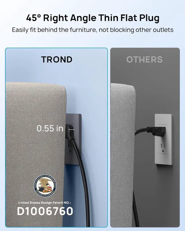Alt view image 4 of 7 - TROND Surge Protector Power Strip, 5ft Heavy Duty Extension Cord with 32W USB C & QC 3.0 Charger, 4000 Joules, ETL Listed, 13 Wide Spaced Outlets, Flat Plug, Wall Mount for Home Office Supplies, Black