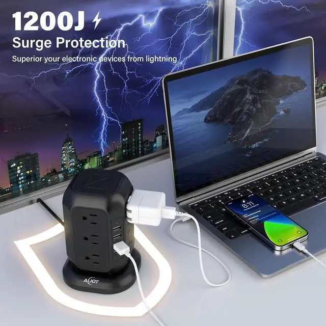 Alt view image 3 of 6 - Power Strip Tower with USB Ports-AiJoy Surge Protector with 12 AC Outlet and 4 USB Ports, 10 Ft Extension Cord with Multiple Outlets, Charging Station with Overload Protection, for Home Office Dorm