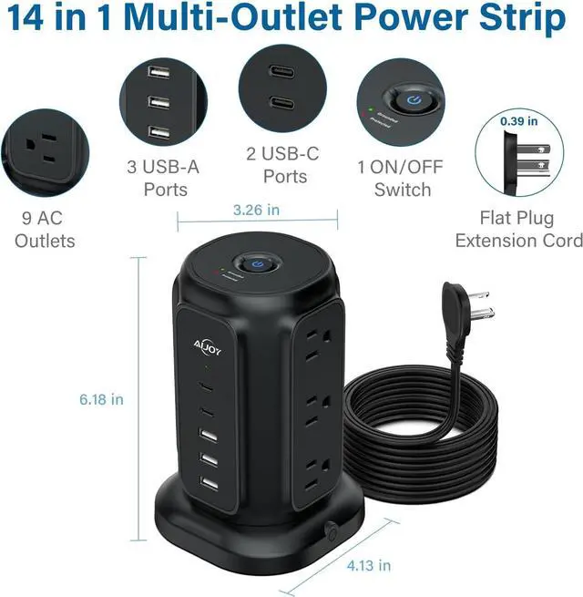 Alt view image 2 of 6 - Flat Plug Power Strip Tower with 9 Outlets and 5 USB Ports (2 USB C), AiJoy Surge Protector with 6.5 Feet 1625W/13A Extension Cord, 1200J Surge Protection for Home Office Supplies Desk Accessories
