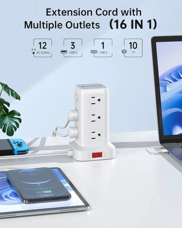 Alt view image 2 of 7 - Surge Protector Power Strip 10 FT Cord, Power Strip Tower with 4 USB Ports (1USB C), Extension Cord with 12 AC Multiple Outlets, Home Office Supplies Desk Accessories, Dorm Room Essentials