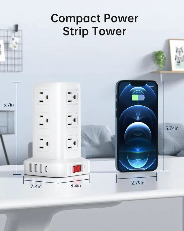 Alt view image 3 of 7 - Surge Protector Power Strip 10 FT Cord, Power Strip Tower with 4 USB Ports (1USB C), Extension Cord with 12 AC Multiple Outlets, Home Office Supplies Desk Accessories, Dorm Room Essentials