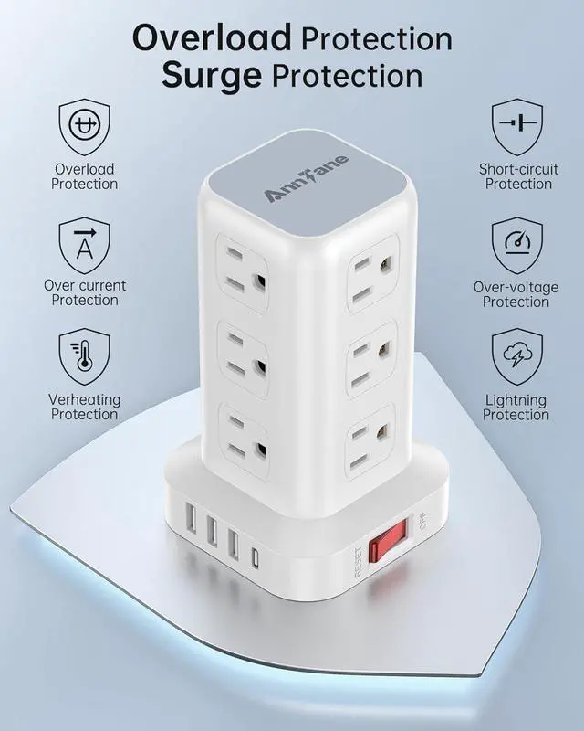 Alt view image 4 of 7 - Surge Protector Power Strip 10 FT Cord, Power Strip Tower with 4 USB Ports (1USB C), Extension Cord with 12 AC Multiple Outlets, Home Office Supplies Desk Accessories, Dorm Room Essentials