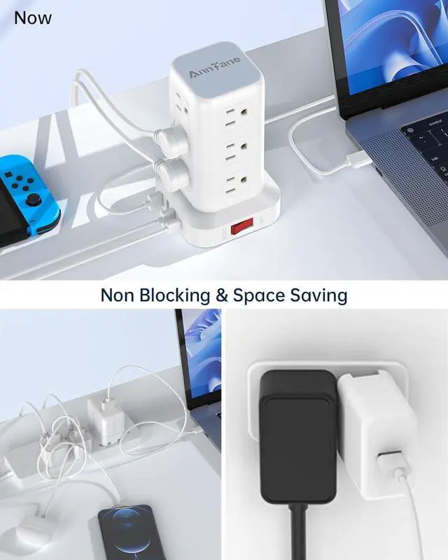 Alt view image 6 of 7 - Surge Protector Power Strip 10 FT Cord, Power Strip Tower with 4 USB Ports (1USB C), Extension Cord with 12 AC Multiple Outlets, Home Office Supplies Desk Accessories, Dorm Room Essentials