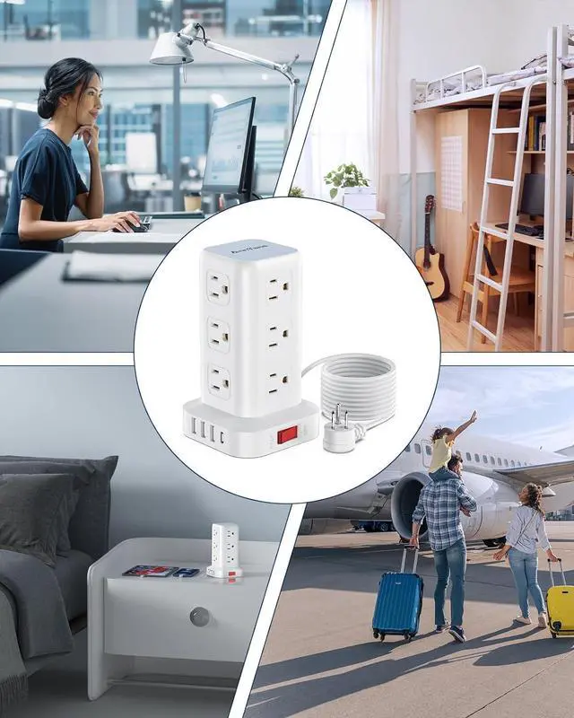 Alt view image 7 of 7 - Surge Protector Power Strip 10 FT Cord, Power Strip Tower with 4 USB Ports (1USB C), Extension Cord with 12 AC Multiple Outlets, Home Office Supplies Desk Accessories, Dorm Room Essentials