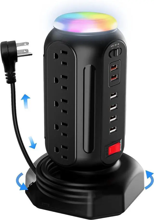 Main image of Power Strip Tower with Colorful Nightlight, 15 AC Outlets and 6 Fasting USB Ports, Retractable Extension Cord with Multiple Outlets, 900 J Surge Protector with Right Flat Plug (Black)