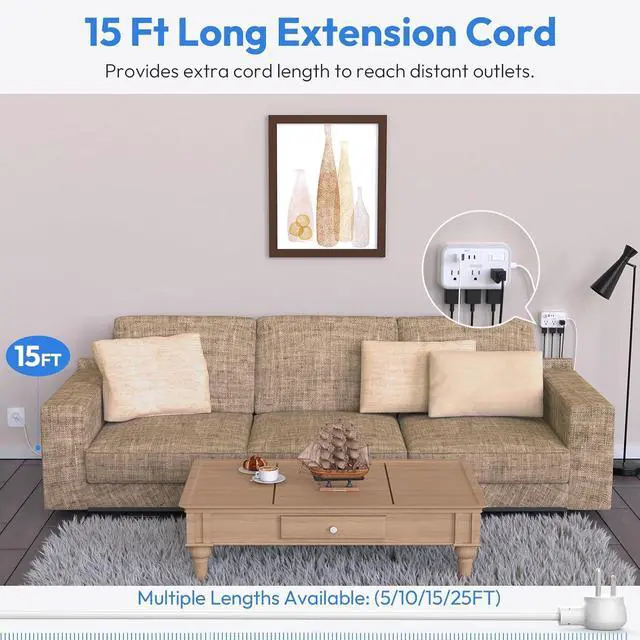 Alt view image 2 of 7 - Extension Cord 15 ft, Surge Protector Power Strip with 6 Widely Outlets 4 USB Ports, Flat Plug, Wall Mount Outlet Extender, 1080 Joules, Multiple Outlets for Indoor Home Office, Dorm Room Essentials