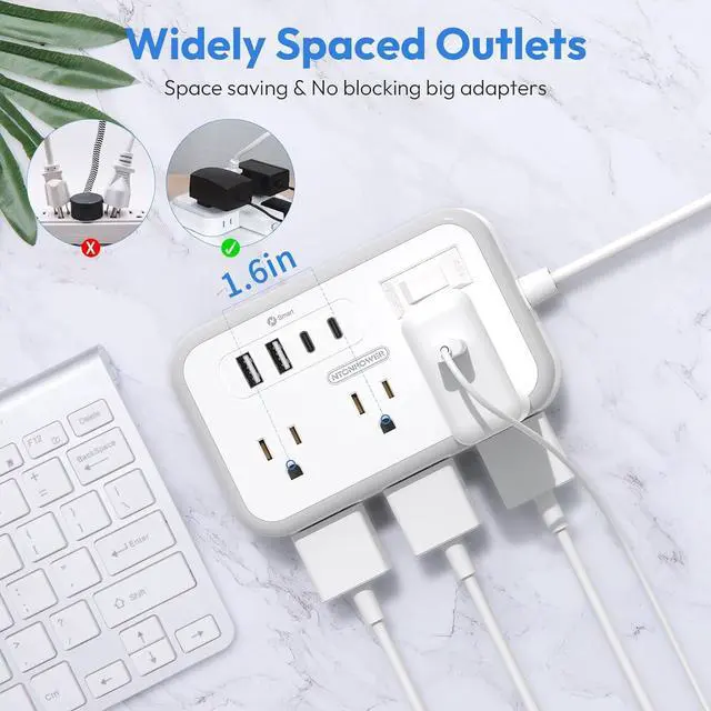Alt view image 4 of 7 - Surge Protector Power Strip 10 ft, Flat Plug Extension Cord with 6 Outlets 4 USB Ports, Outlet Extender Long Cord, Overload Protection, Extension Cord with Multiple Outlets for Indoor, Home, Office