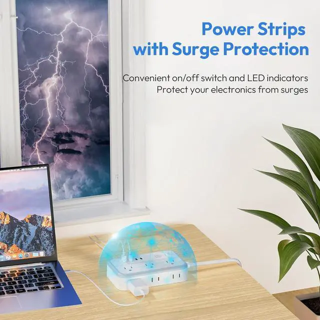 Alt view image 3 of 7 - Extension Cord 15 ft, Surge Protector Power Strip with 6 Widely Outlets 4 USB Ports, Flat Plug, Wall Mount Outlet Extender, 1080 Joules, Multiple Outlets for Indoor Home Office, Dorm Room Essentials
