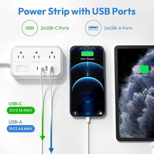 Alt view image 5 of 7 - Extension Cord 15 ft, Surge Protector Power Strip with 6 Widely Outlets 4 USB Ports, Flat Plug, Wall Mount Outlet Extender, 1080 Joules, Multiple Outlets for Indoor Home Office, Dorm Room Essentials