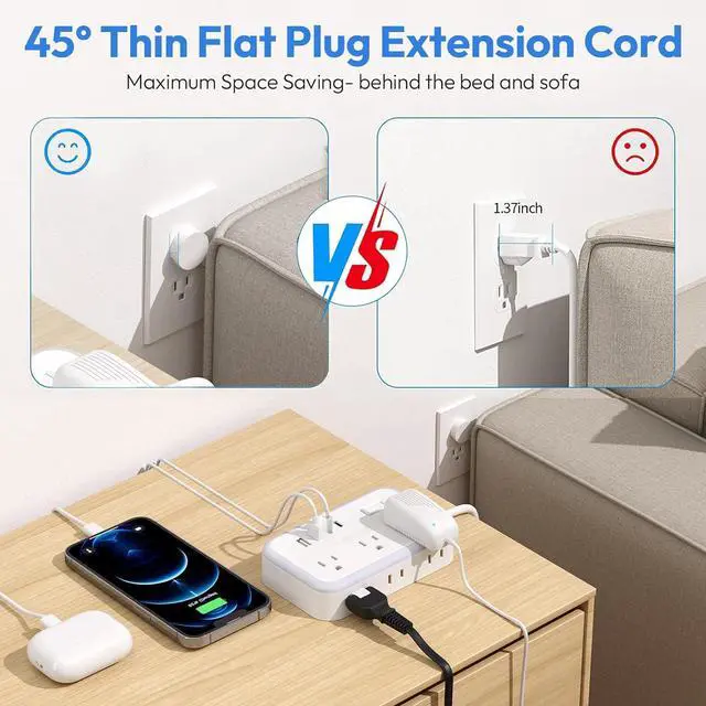 Alt view image 7 of 7 - Extension Cord 15 ft, Surge Protector Power Strip with 6 Widely Outlets 4 USB Ports, Flat Plug, Wall Mount Outlet Extender, 1080 Joules, Multiple Outlets for Indoor Home Office, Dorm Room Essentials