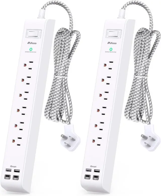Main image of 2 Pack Power Strip Surge Protector - 6 Outlets 4 USB Charging Ports, 5Ft Braided Extension Cord, Flat Plug, Overload Protection, Wall Mount for Home Office, Dorm Room Essentials White