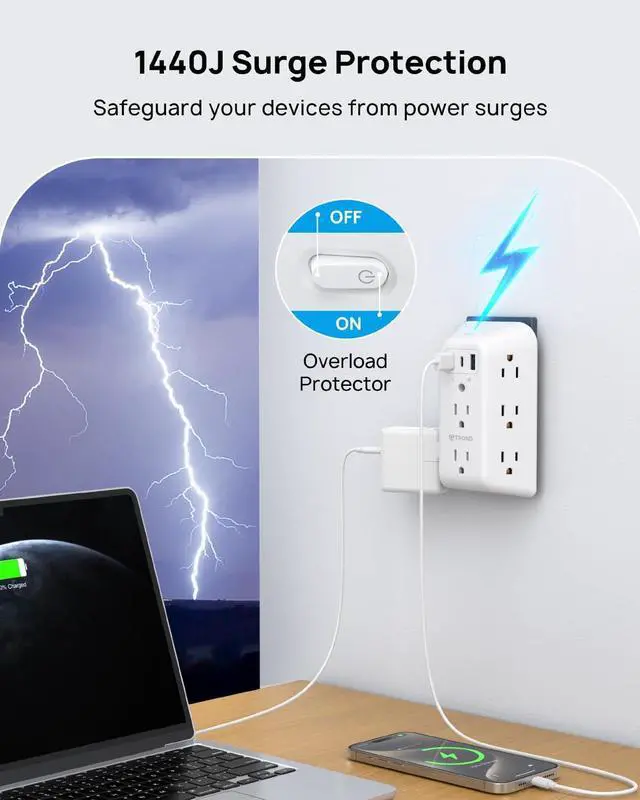 Alt view image 3 of 7 - TROND Outlet Extender Surge Protector, 8 Outlet Splitter with 3 USB Ports(1 USB C), 1440J Electric Plug Multiplier, Multi Plug with ON/OFF, 3 Way Multiple Wall Extension Adapter for Home School Office