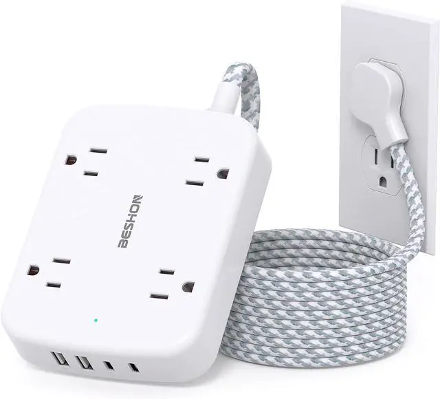 Main image of Surge Protector Power Strip with 2 USB C - 5 Ft Flat Extension Cord Flat Plug Power Strip, 4 Widely Outlets and 4 USB Charging Ports, Outlet Extender, 900 Joules, for Home Office Dorm Room Essentials