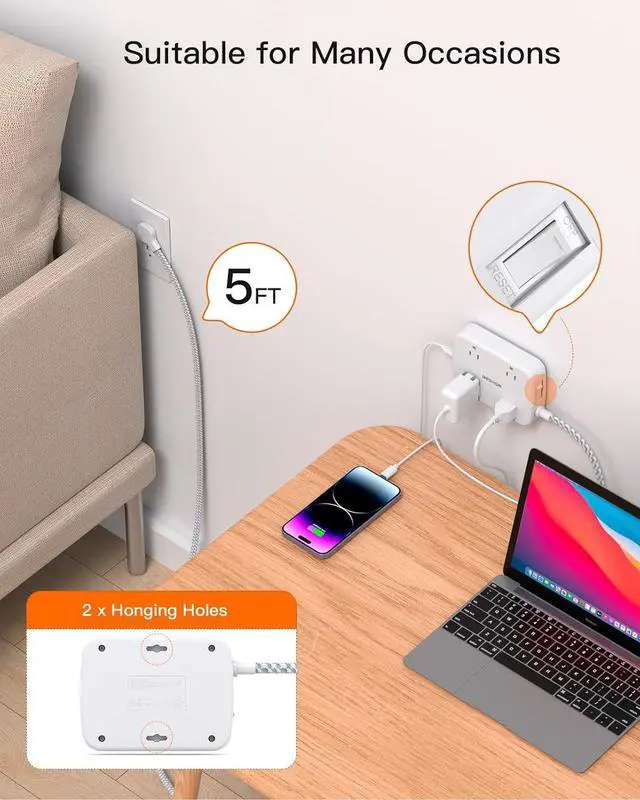 Alt view image 6 of 7 - Surge Protector Power Strip with 2 USB C - 5 Ft Flat Extension Cord Flat Plug Power Strip, 4 Widely Outlets and 4 USB Charging Ports, Outlet Extender, 900 Joules, for Home Office Dorm Room Essentials