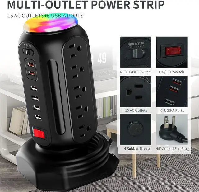 Alt view image 2 of 6 - Power Strip Tower with Colorful Nightlight, 15 AC Outlets and 6 Fasting USB Ports, Retractable Extension Cord with Multiple Outlets, 900 J Surge Protector with Right Flat Plug (Black)