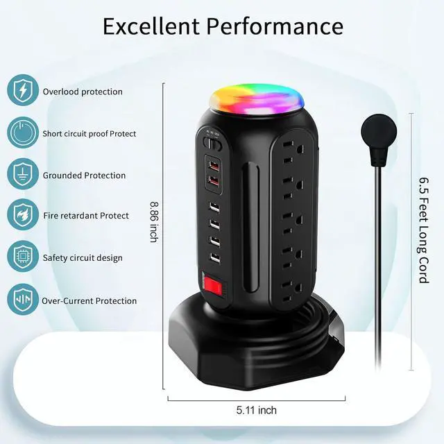 Alt view image 4 of 6 - Power Strip Tower with Colorful Nightlight, 15 AC Outlets and 6 Fasting USB Ports, Retractable Extension Cord with Multiple Outlets, 900 J Surge Protector with Right Flat Plug (Black)