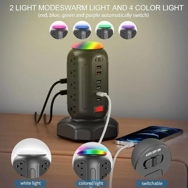 Alt view image 5 of 6 - Power Strip Tower with Colorful Nightlight, 15 AC Outlets and 6 Fasting USB Ports, Retractable Extension Cord with Multiple Outlets, 900 J Surge Protector with Right Flat Plug (Black)