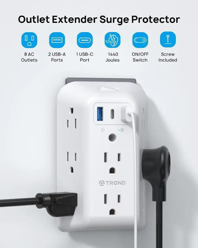 Alt view image 2 of 7 - TROND Outlet Extender Surge Protector, 8 Outlet Splitter with 3 USB Ports(1 USB C), 1440J Electric Plug Multiplier, Multi Plug with ON/OFF, 3 Way Multiple Wall Extension Adapter for Home School Office