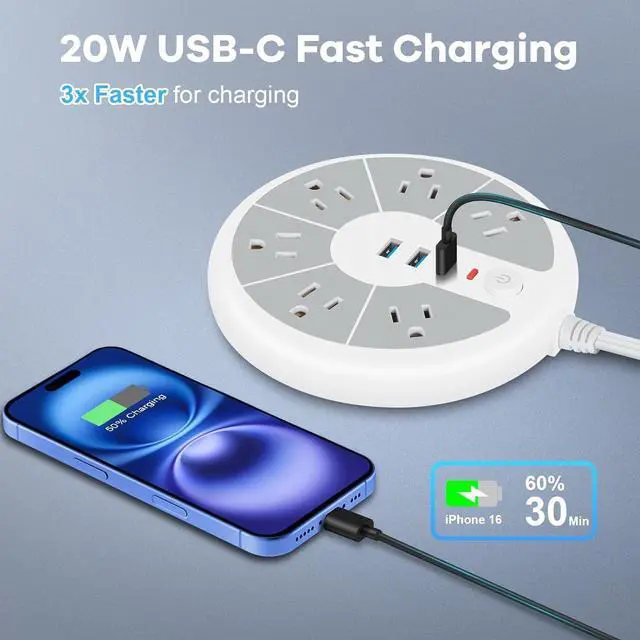 Alt view image 3 of 7 - Ultra-Thin Cord Power Strip Fast USB C - 6-Outlet Power Strip Surge Protector with 3 USB Ports - Compact Charging Station Plug Extender for Desk, Office, Computer, Charger, Electronic Accessories