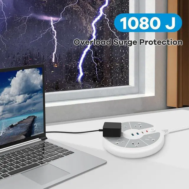 Alt view image 5 of 7 - Ultra-Thin Cord Power Strip Fast USB C - 6-Outlet Power Strip Surge Protector with 3 USB Ports - Compact Charging Station Plug Extender for Desk, Office, Computer, Charger, Electronic Accessories