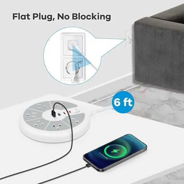 Alt view image 6 of 7 - Ultra-Thin Cord Power Strip Fast USB C - 6-Outlet Power Strip Surge Protector with 3 USB Ports - Compact Charging Station Plug Extender for Desk, Office, Computer, Charger, Electronic Accessories