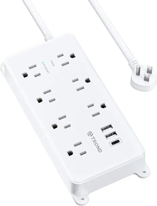 Main image of TROND Power Strip Surge Protector, 7 Widely Spaced Outlets with 2 USB A and 1 USB C, ETL Listed 1700J, Wall Mount, Flat Plug 5ft Extension Cord 14AWG Heavy Duty, for Home, Office Garage, White