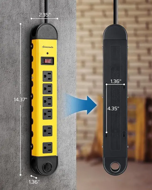 Alt view image 7 of 7 - DEWENWILS Metal Power Strip, 6-Outlet Heavy Duty Surge Protector with 15FT Long Cord, UL Listed, 14AWG/3C, 15A Circuit Breaker, 900 Joules, Low Profile Flat Plug, Wall Mountable