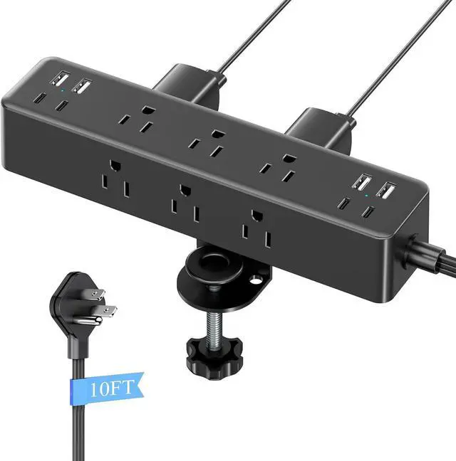 Main image of Flat Plug Desk Clamp Power Strip 10FT, 24W Total Charging Station, Desk Edge Mount Power Strip 9 AC Outlets 8 USB Ports Surge Protector, Fit 1.7" Tabletop Edge, Home Office Accessories
