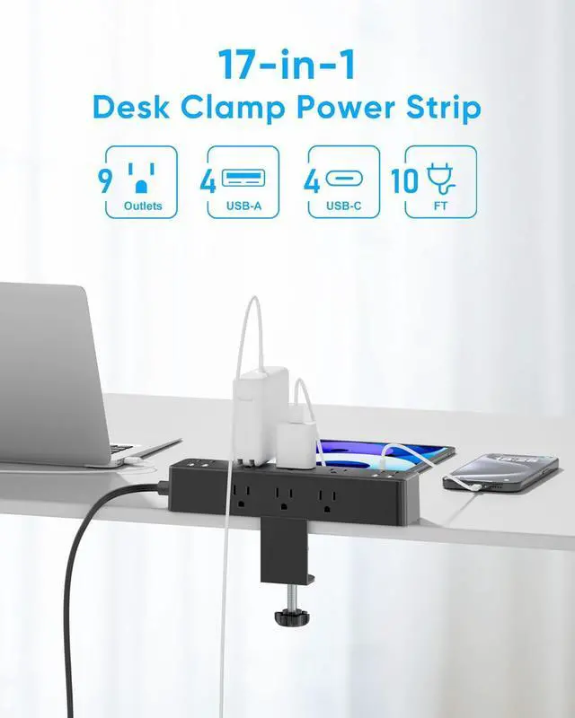 Alt view image 2 of 6 - Flat Plug Desk Clamp Power Strip 10FT, 24W Total Charging Station, Desk Edge Mount Power Strip 9 AC Outlets 8 USB Ports Surge Protector, Fit 1.7" Tabletop Edge, Home Office Accessories