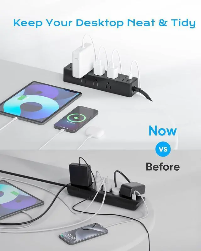 Alt view image 3 of 6 - Flat Plug Desk Clamp Power Strip 10FT, 24W Total Charging Station, Desk Edge Mount Power Strip 9 AC Outlets 8 USB Ports Surge Protector, Fit 1.7" Tabletop Edge, Home Office Accessories