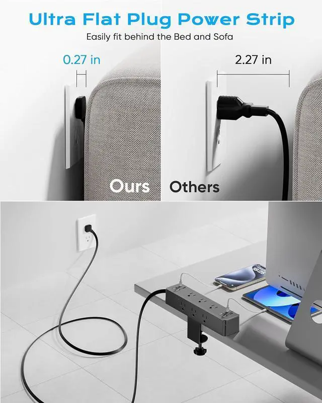 Alt view image 4 of 6 - Flat Plug Desk Clamp Power Strip 10FT, 24W Total Charging Station, Desk Edge Mount Power Strip 9 AC Outlets 8 USB Ports Surge Protector, Fit 1.7" Tabletop Edge, Home Office Accessories