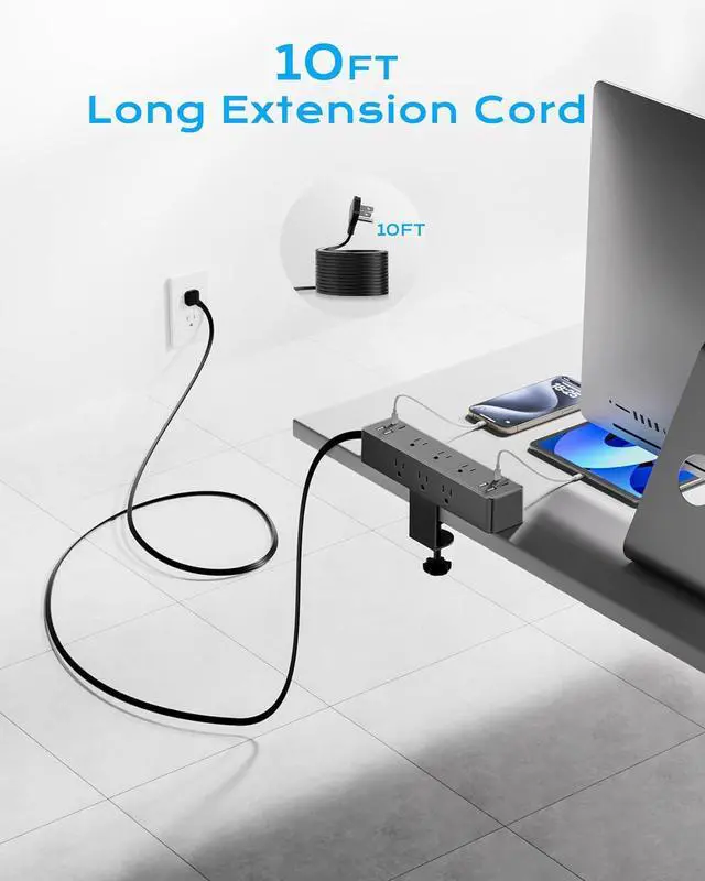 Alt view image 5 of 6 - Flat Plug Desk Clamp Power Strip 10FT, 24W Total Charging Station, Desk Edge Mount Power Strip 9 AC Outlets 8 USB Ports Surge Protector, Fit 1.7" Tabletop Edge, Home Office Accessories