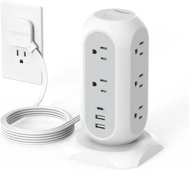 Main image of Tower Power Strip Flat Plug with 11 Outlets 3 USB (1 USB C), TESSAN Surge Protector Tower 1625W/13A,1050J Protection, 6 Feet Extension Cord with Multiple Outlets, Office Desk Supplies, Dorm Essentials