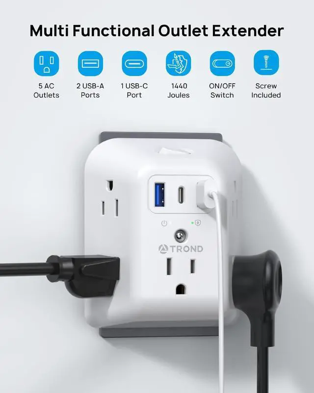 Alt view image 2 of 7 - TROND Surge Protector Outlet Extender - 5 Outlet Splitter with 3 USB Ports (1 USB C), Multi Plug Expander with ON/Off Switch, 3 Sided Multiple Wall Plug Power Strip for Home Travel Office