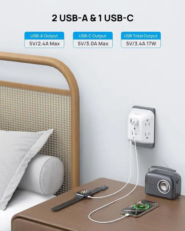 Alt view image 3 of 7 - TROND Surge Protector Outlet Extender - 5 Outlet Splitter with 3 USB Ports (1 USB C), Multi Plug Expander with ON/Off Switch, 3 Sided Multiple Wall Plug Power Strip for Home Travel Office