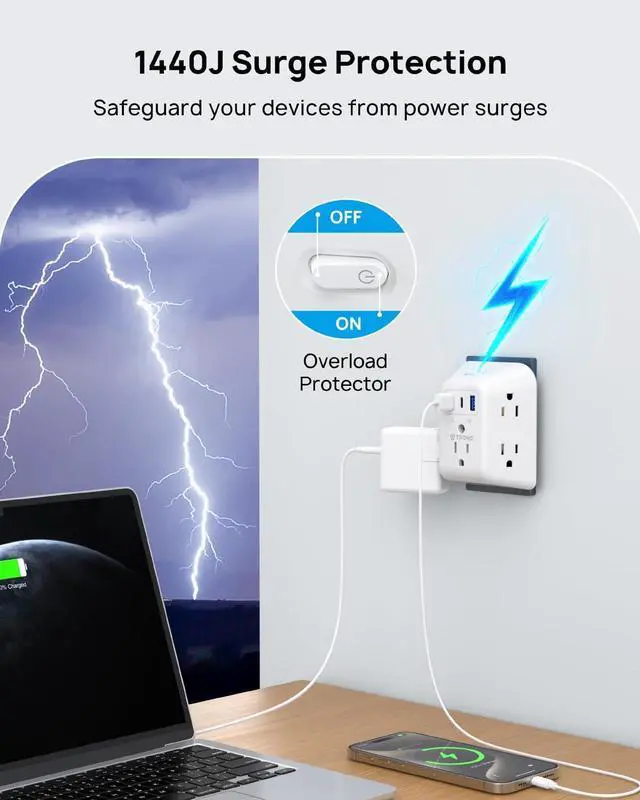 Alt view image 4 of 7 - TROND Surge Protector Outlet Extender - 5 Outlet Splitter with 3 USB Ports (1 USB C), Multi Plug Expander with ON/Off Switch, 3 Sided Multiple Wall Plug Power Strip for Home Travel Office