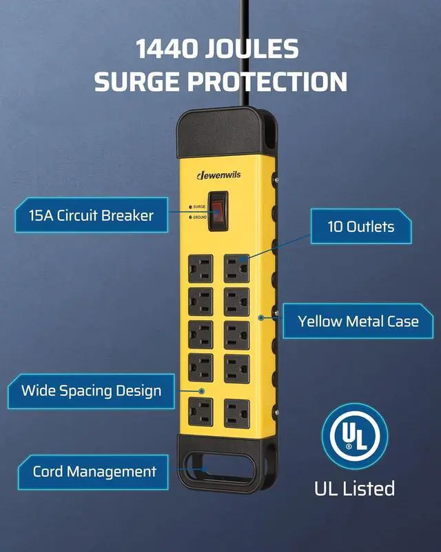 Alt view image 2 of 7 - DEWENWILS 10-Outlet Metal Surge Protector Power Strip with 15Ft Cord, UL Listed, Flat Plug, 15A Circuit Breaker, 1440Joules, Heavy Duty Industrial Power Strip for Garage, Workshop, Wall Mountable