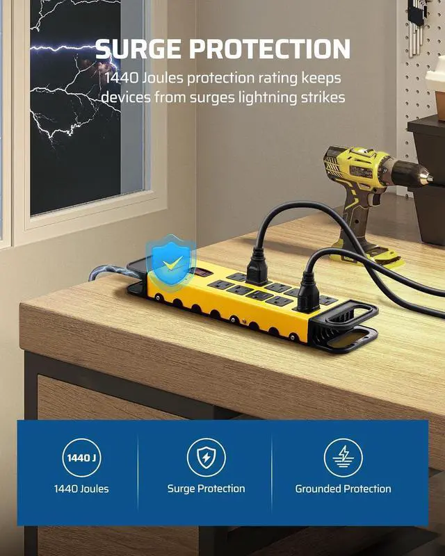 Alt view image 3 of 7 - DEWENWILS 10-Outlet Metal Surge Protector Power Strip with 15Ft Cord, UL Listed, Flat Plug, 15A Circuit Breaker, 1440Joules, Heavy Duty Industrial Power Strip for Garage, Workshop, Wall Mountable