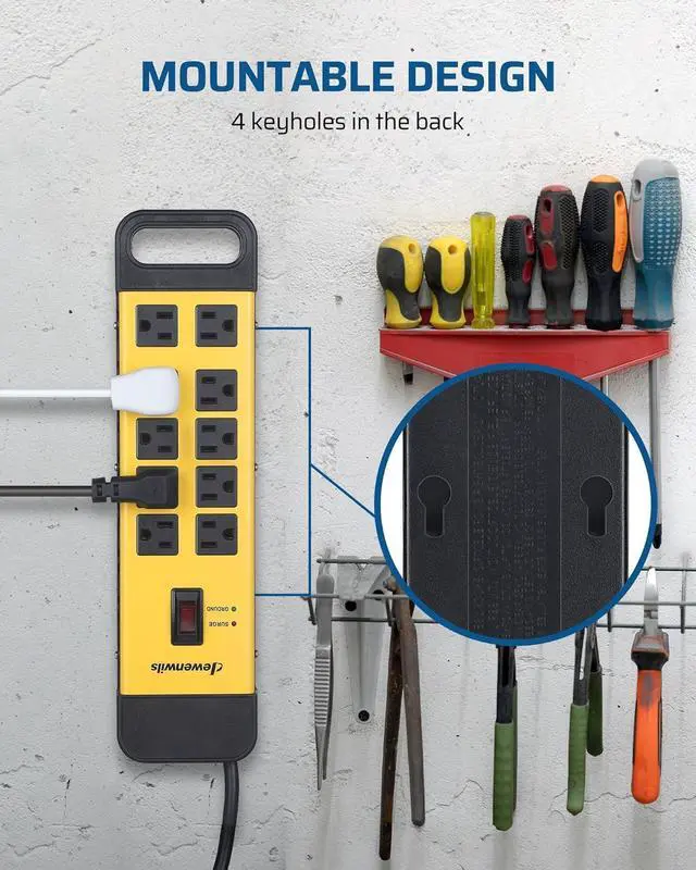 Alt view image 6 of 7 - DEWENWILS 10-Outlet Metal Surge Protector Power Strip with 15Ft Cord, UL Listed, Flat Plug, 15A Circuit Breaker, 1440Joules, Heavy Duty Industrial Power Strip for Garage, Workshop, Wall Mountable