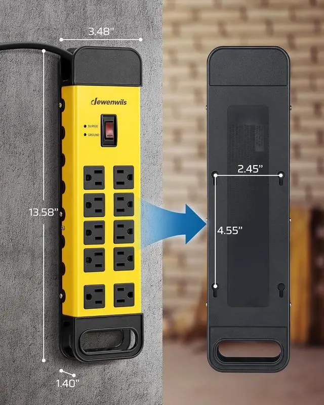 Alt view image 7 of 7 - DEWENWILS 10-Outlet Metal Surge Protector Power Strip with 15Ft Cord, UL Listed, Flat Plug, 15A Circuit Breaker, 1440Joules, Heavy Duty Industrial Power Strip for Garage, Workshop, Wall Mountable