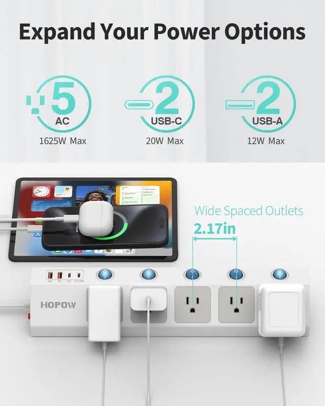 Alt view image 3 of 6 - Flat Plug Power Strip with Individual Switches, 10 Ft Ultra Thin Flat Extension Cord, 5-Outlet Surge Protector with 2 USB-C (20W PD) & 2 USB-A, 1700 Joules, Wall Mount for Home Office, White