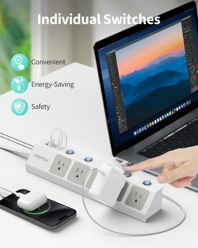 Alt view image 2 of 6 - Flat Plug Power Strip with Individual Switches, 10 Ft Ultra Thin Flat Extension Cord, 5-Outlet Surge Protector with 2 USB-C (20W PD) & 2 USB-A, 1700 Joules, Wall Mount for Home Office, White