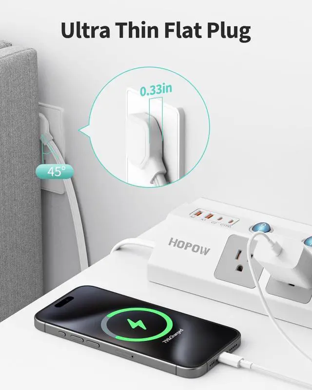 Alt view image 4 of 6 - Flat Plug Power Strip with Individual Switches, 10 Ft Ultra Thin Flat Extension Cord, 5-Outlet Surge Protector with 2 USB-C (20W PD) & 2 USB-A, 1700 Joules, Wall Mount for Home Office, White