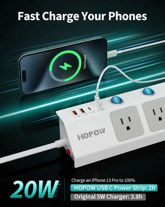 Alt view image 5 of 6 - Flat Plug Power Strip with Individual Switches, 10 Ft Ultra Thin Flat Extension Cord, 5-Outlet Surge Protector with 2 USB-C (20W PD) & 2 USB-A, 1700 Joules, Wall Mount for Home Office, White