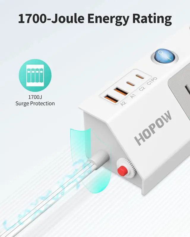 Alt view image 6 of 6 - Flat Plug Power Strip with Individual Switches, 10 Ft Ultra Thin Flat Extension Cord, 5-Outlet Surge Protector with 2 USB-C (20W PD) & 2 USB-A, 1700 Joules, Wall Mount for Home Office, White