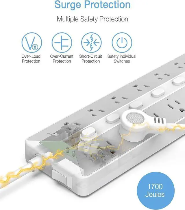 Alt view image 5 of 7 - Power Strip with USB, Individual Switches, TESSAN 12 Outlets and 3 USB Ports, Long Extension Cord 6 Feet with Surge Protector for Home, Dorm and Office Accessories, 1700J Protection, Gray