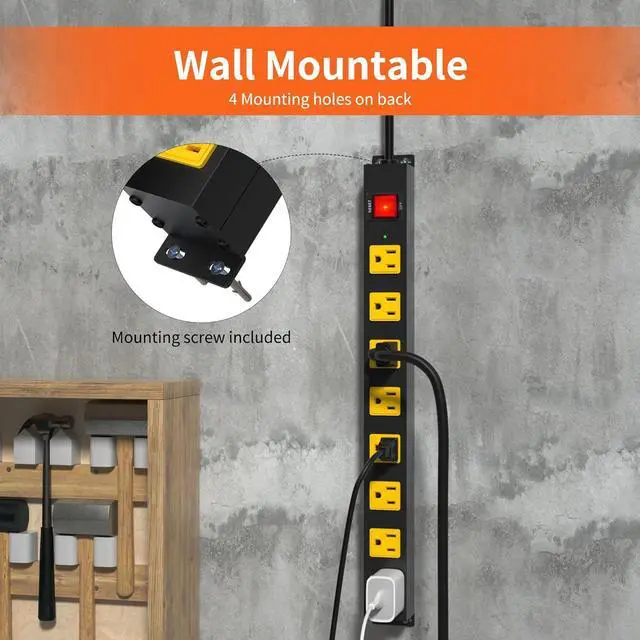 Alt view image 2 of 7 - 8 Outlet Long Power Strip, 2100J Surge Protector Heavy Duty 6FT Cord Wide Spaced and Wall Mount Metal Powerstrip for Home Office Garage Workshop