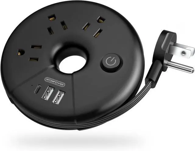 Main image of i Donut Travel Power Strip, NTONPOWER Portable Desktop Charging Station 3 USB Without Surge Protector Short Extension Cord 3.28ft Compact for Home, Office, Cruise Ships, Business Trip, Hotels, Black